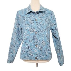 L.L. Bean Womens Size Medium Paisley Button Front Jacket Blue 100% Cotton Casual